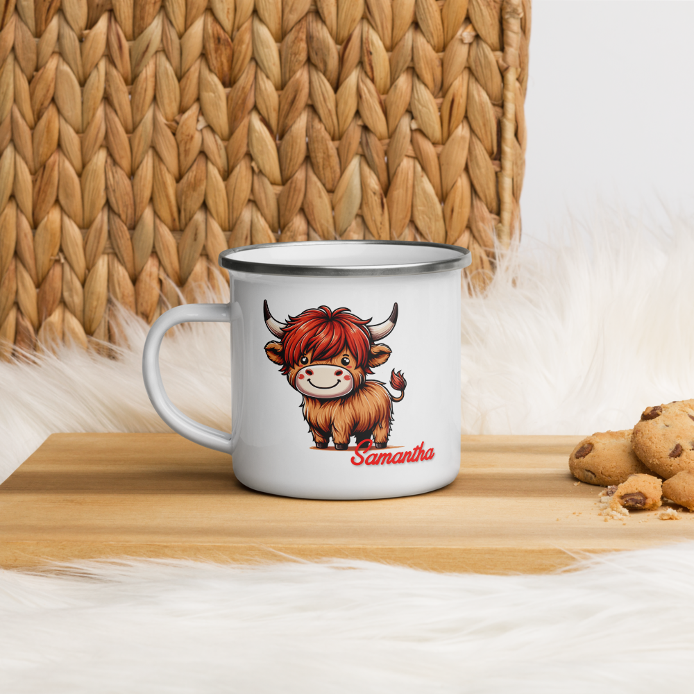 Custom Highland Cow Enamel Mug – Personalized Charm in Every Sip!