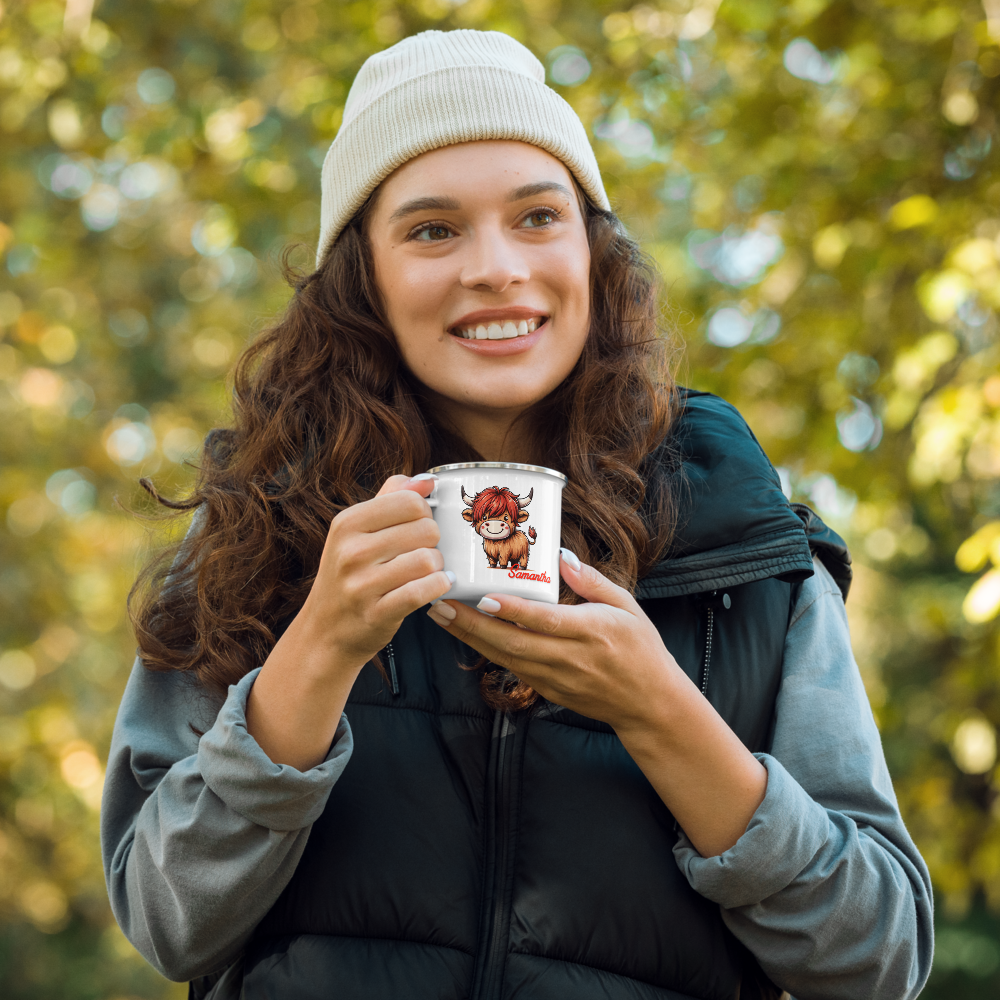 Custom Highland Cow Enamel Mug – Personalized Charm in Every Sip!