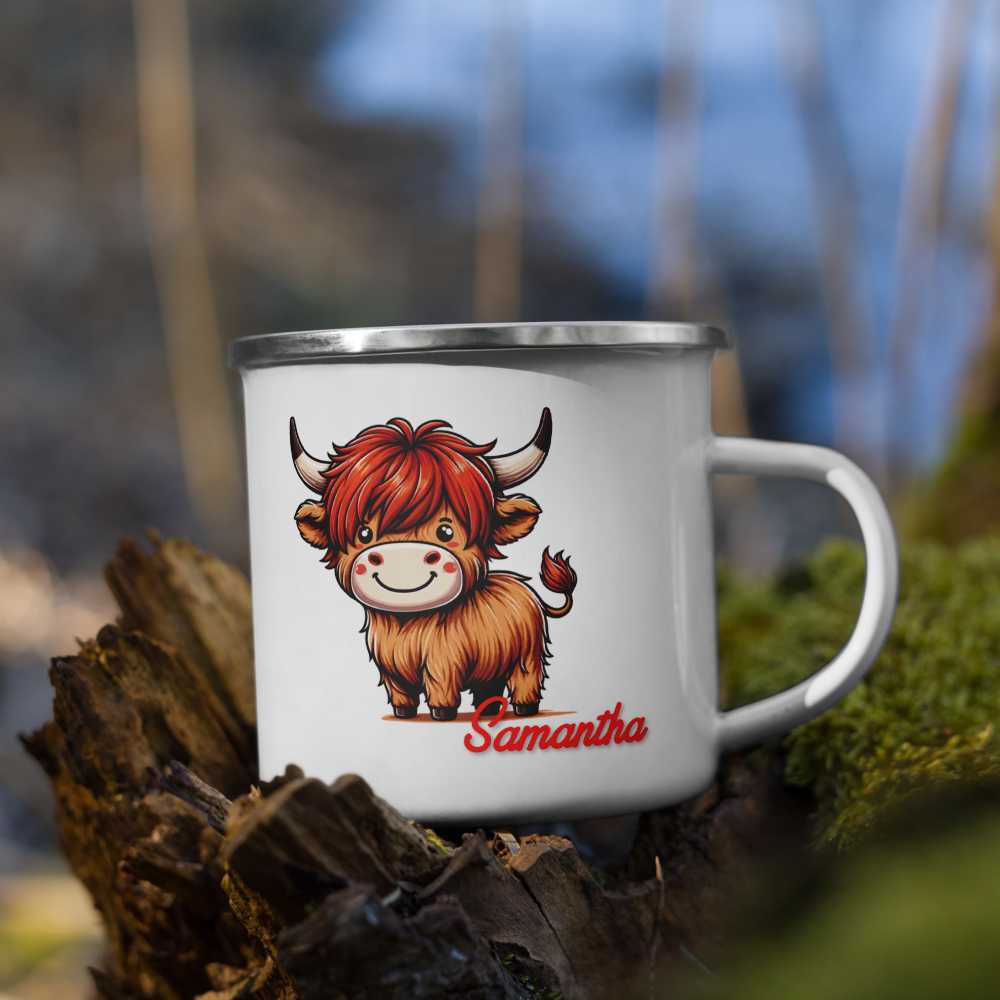 Custom Highland Cow Enamel Mug – Personalized Charm in Every Sip!
