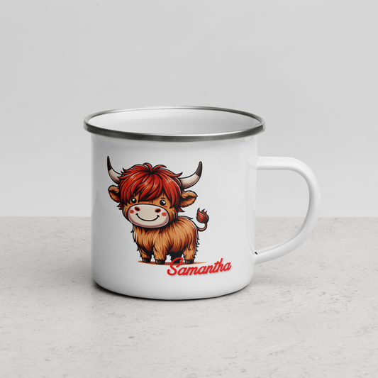 Custom Highland Cow Enamel Mug – Personalized Charm in Every Sip!